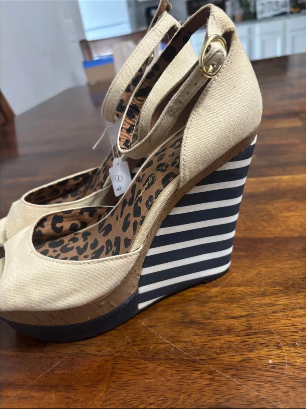 Jessica Simpson Beige Ankle-Strap Wedge Sandals with Leopard Insole